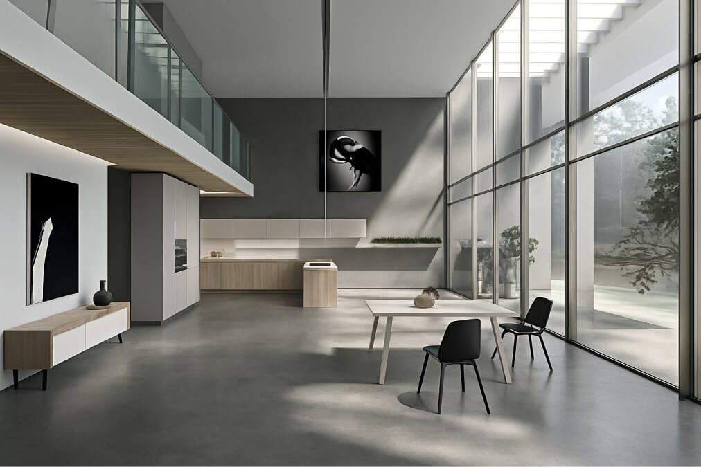 Cocina de diseño moderno en Estepona con mobiliario italiano y grandes ventanales